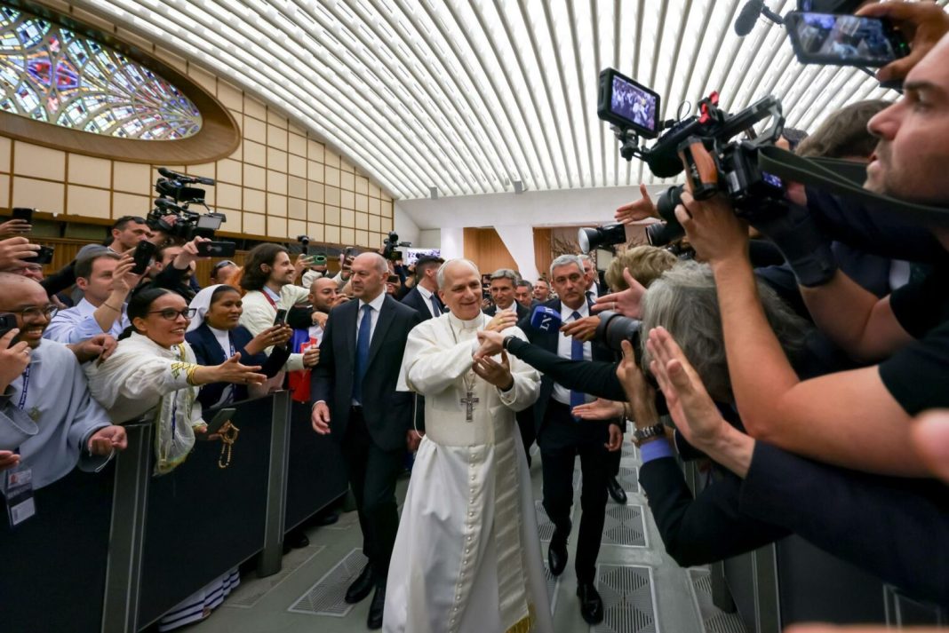 Pope Leo XIV meets members of the media at the Paul VI Hall